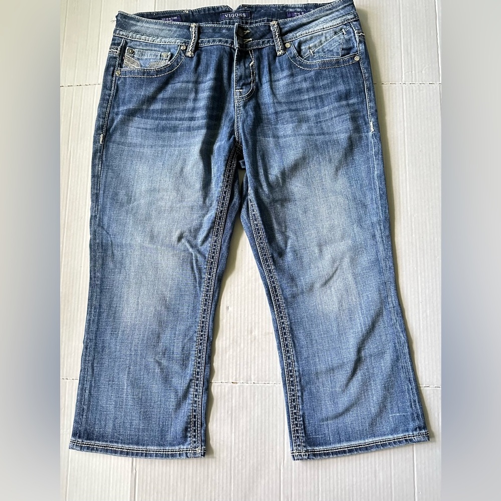 Vigoss‎ The New York Capri Women Jean Sz 15/16 Medium Wash Stretch Embroidery